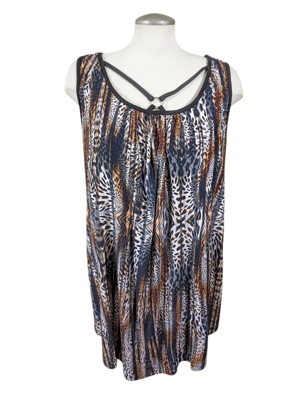 Womens Tunic Top Brown Mixed Tiger Leopard Animal Print O Ring Shelf Bra 4XL